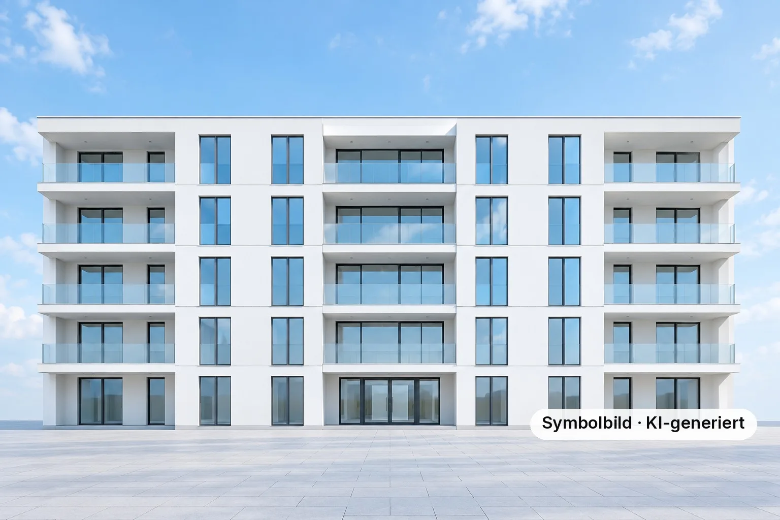 Weißes Mehrfamilienhaus mit Glasbalkonen in Frontansicht. Symbolbild, mit KI erzeugt.