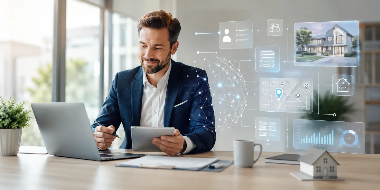 Zu sehen ist ein Immobilienprofi in einem modernen Büro, der mit Laptop und Tablet arbeitet. Digitale Overlays mit Immobilienbildern, Standortdaten, Dokumenten und Diagrammen symbolisieren den Einsatz