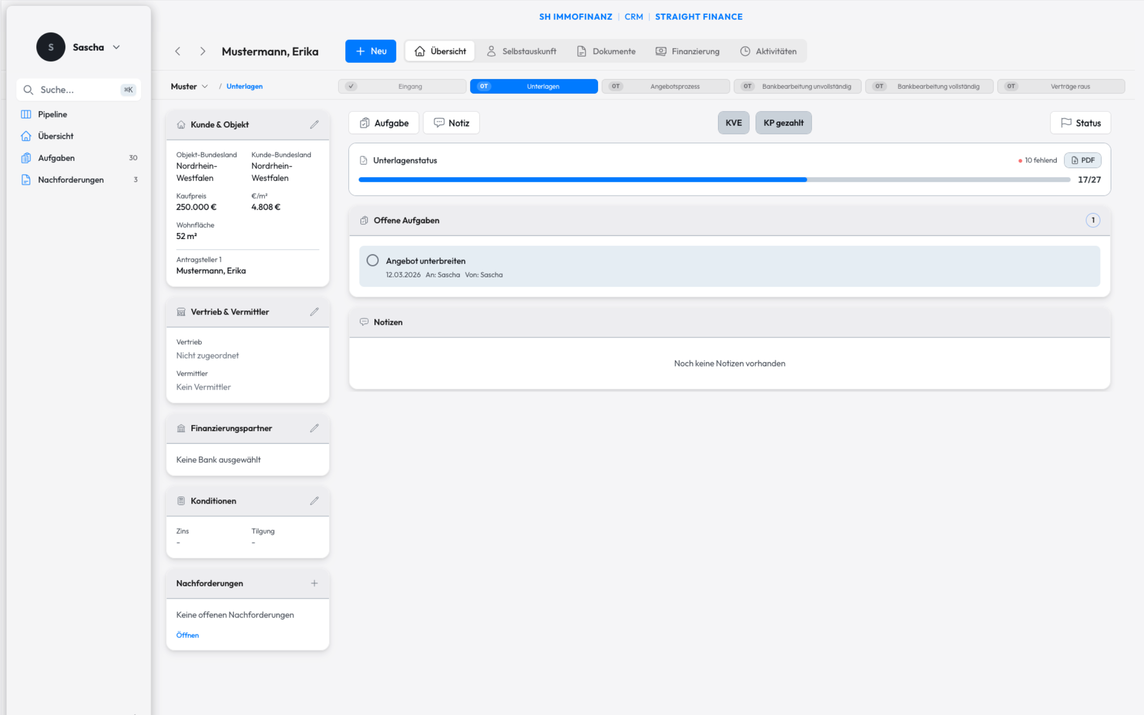 StraightOS CRM — Kanban-Board und Deal-Management für Baufinanzierung
