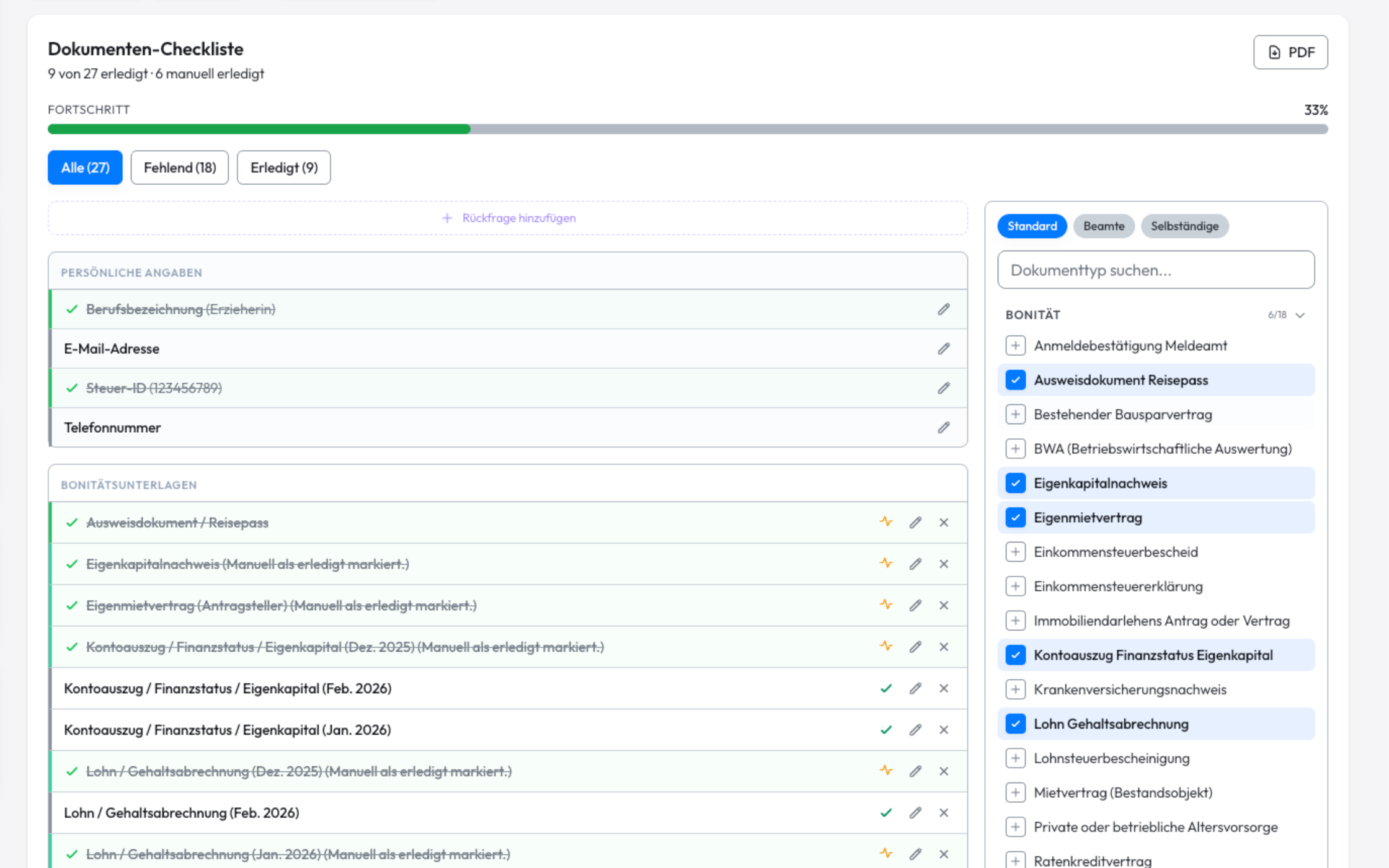 Dynamische Unterlagen-Checkliste mit Live-Status
